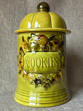 Vintage Los Angeles Potteries Ceramic Cookie Jar, Avocado Green With Fruit Motif